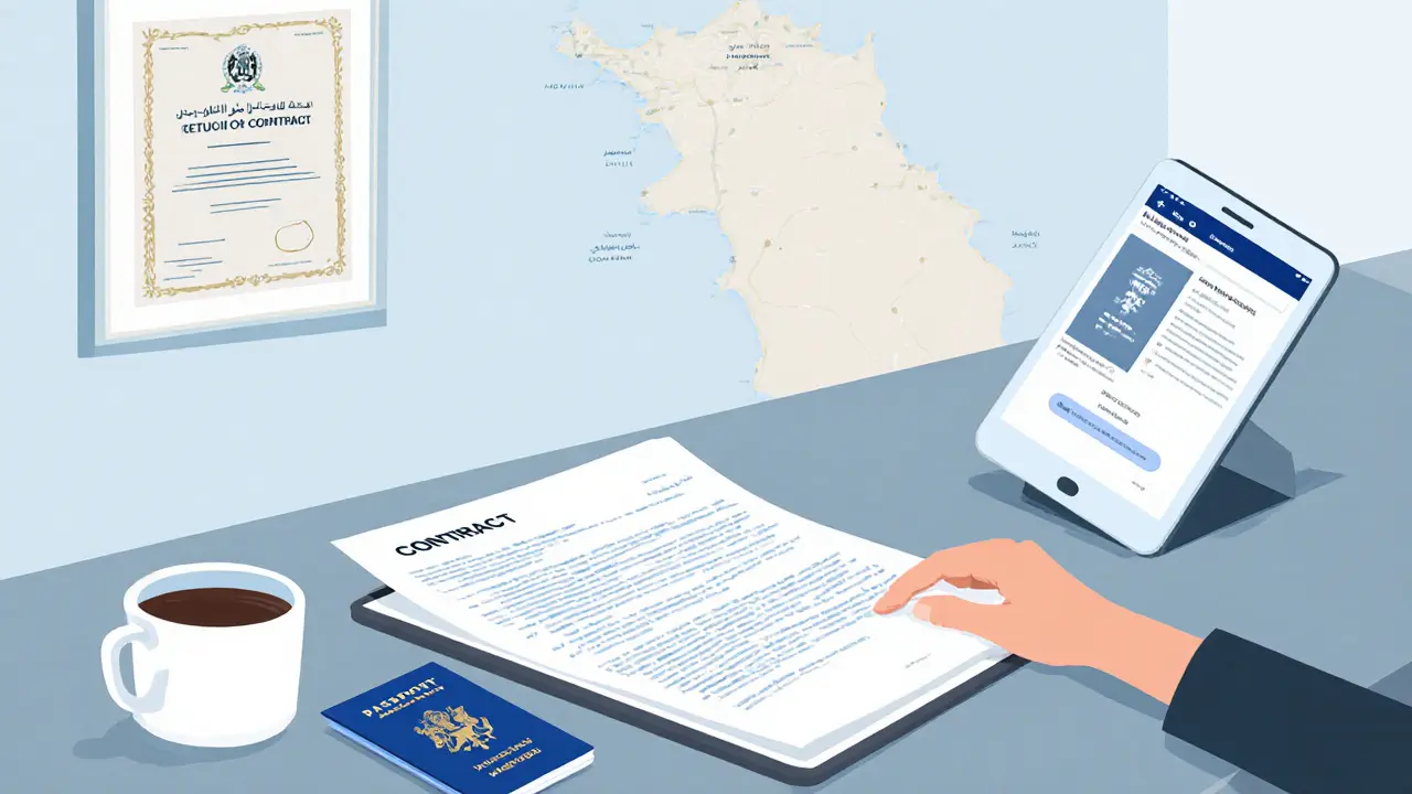 Bureau moderne avec contrat signé, passeport et application de vérification affichée.