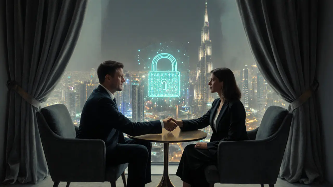 Client et agent se serrant la main dans un lounge privé, sur fond de skyline d’Abu Dhabi, symbolisant la sécurité.