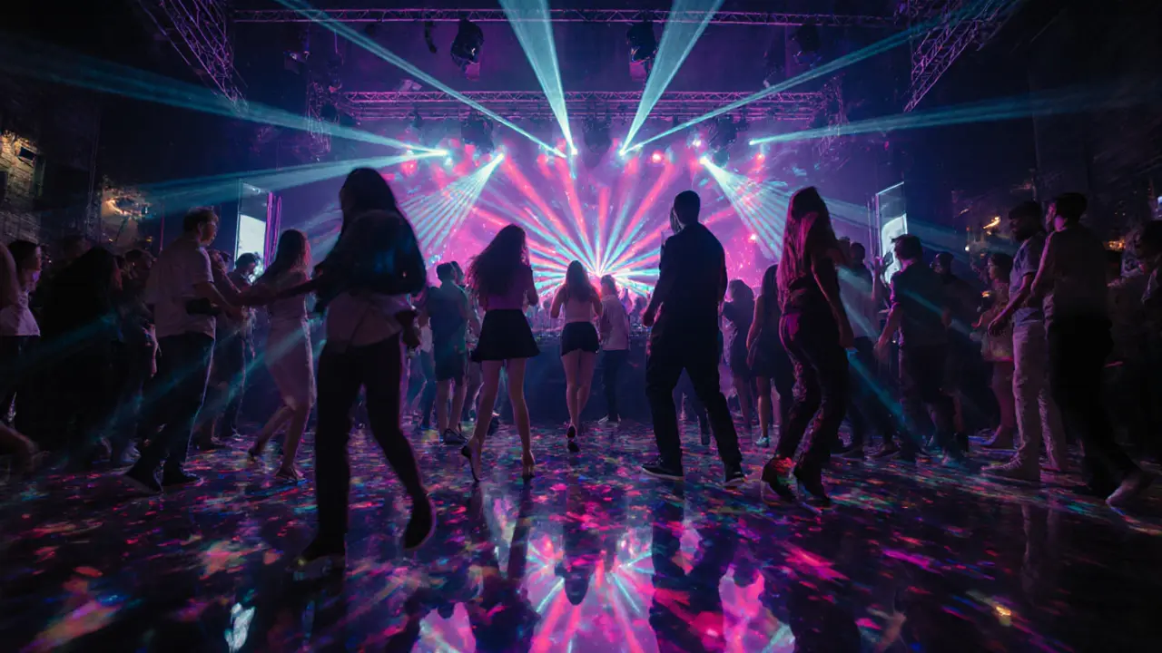 Club Plastic la nuit, foule dansante sous des lasers néon et ambiance électro vibrante.