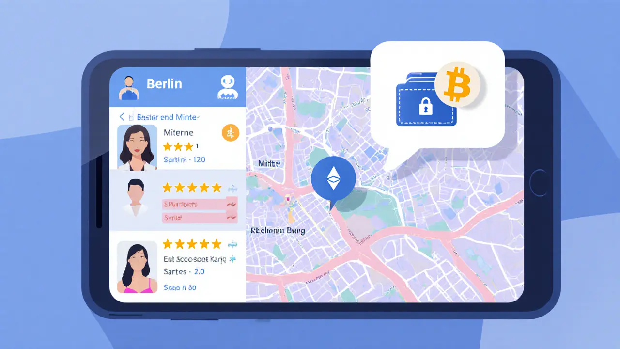 Écran d'application d'escorte avec profils, chat chiffré et icônes crypto.
