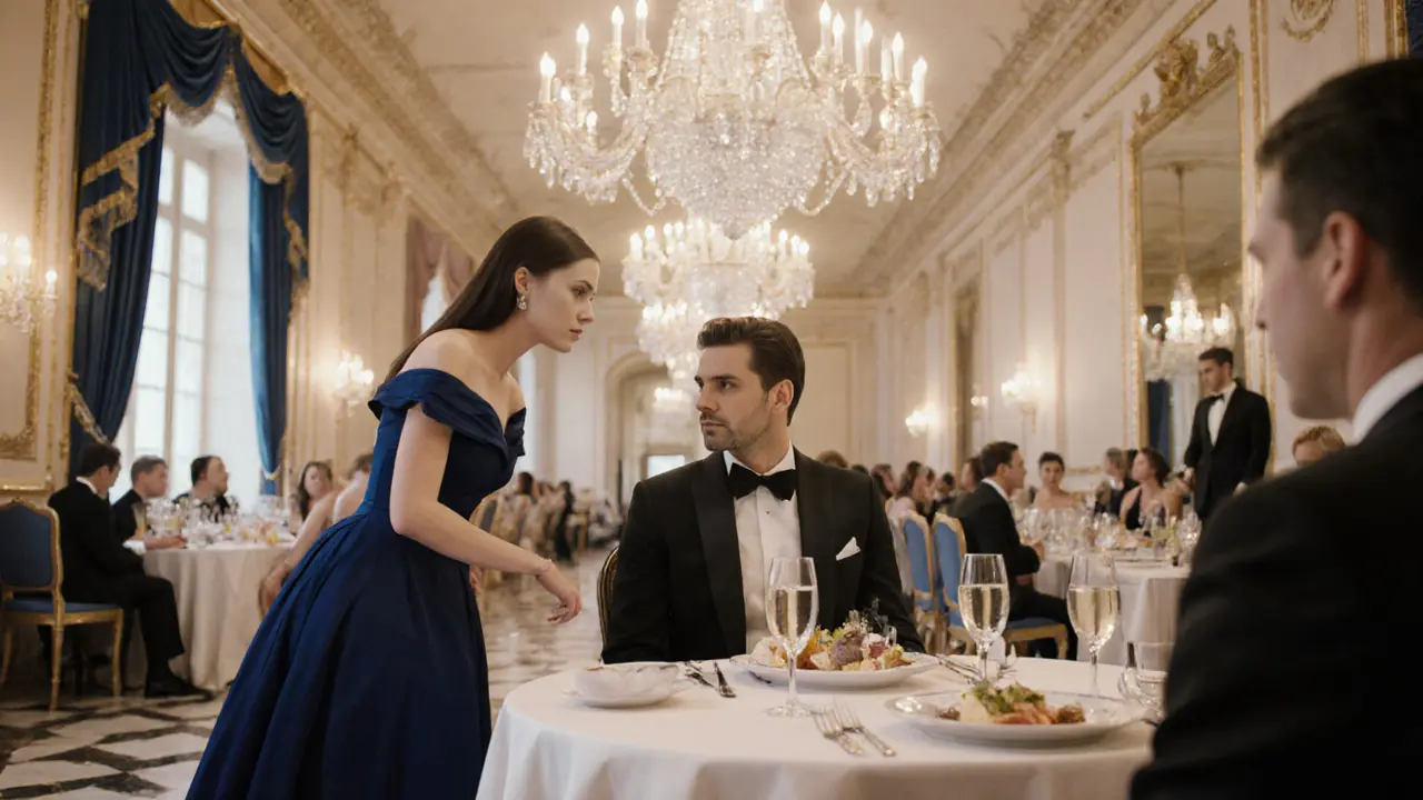 Escorte en robe bleu marine conseillant un client en smoking lors d&#039;un dîner de gala à Paris.