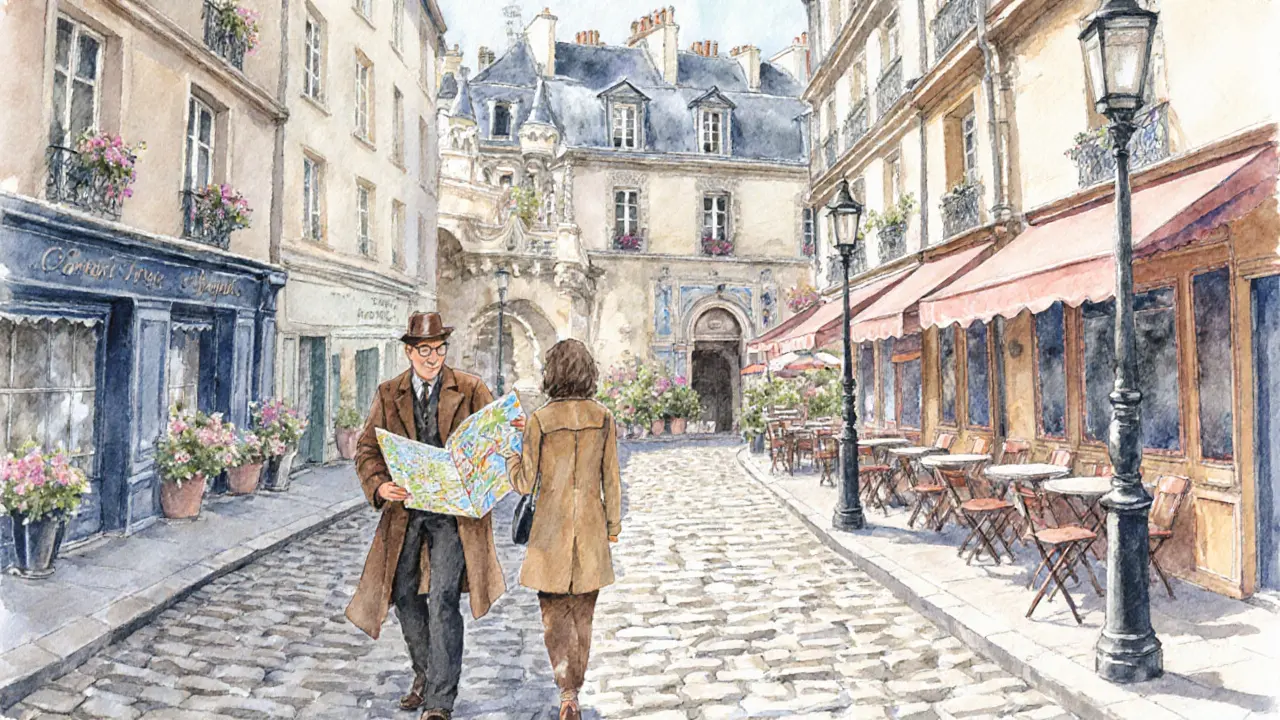 Escorte guidant un visiteur dans les rues pittoresques du Marais, style aquarelle.