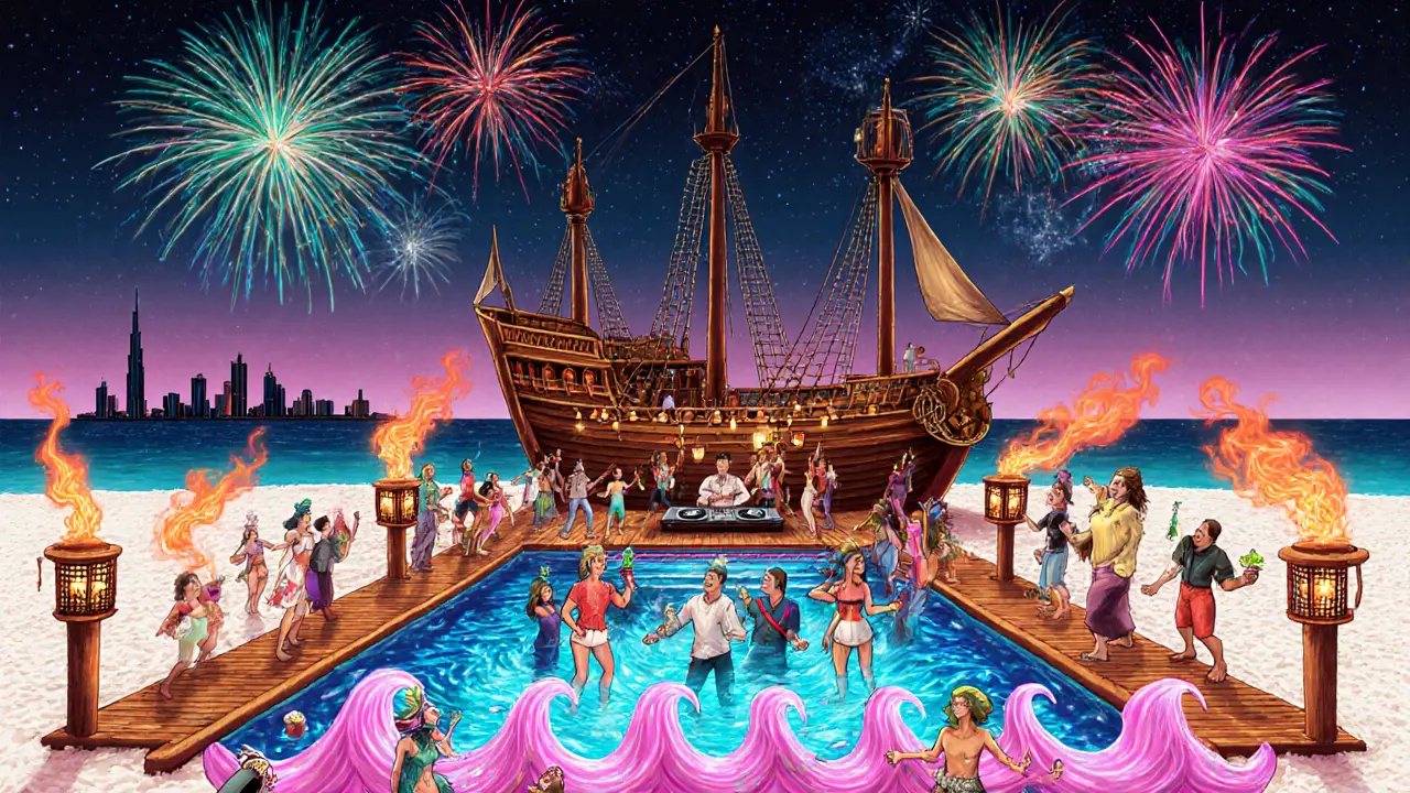 Fête plage nocturne à l&#039;Atlantis avec scène pirate, feu, DJ et feux d&#039;artifice.