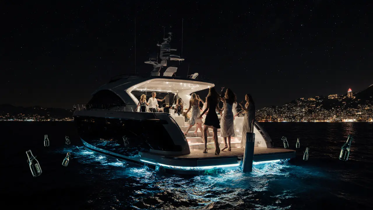 Fête sur un yacht de luxe la nuit, avec des silhouettes dansantes au bord de l'eau sous un ciel étoilé.