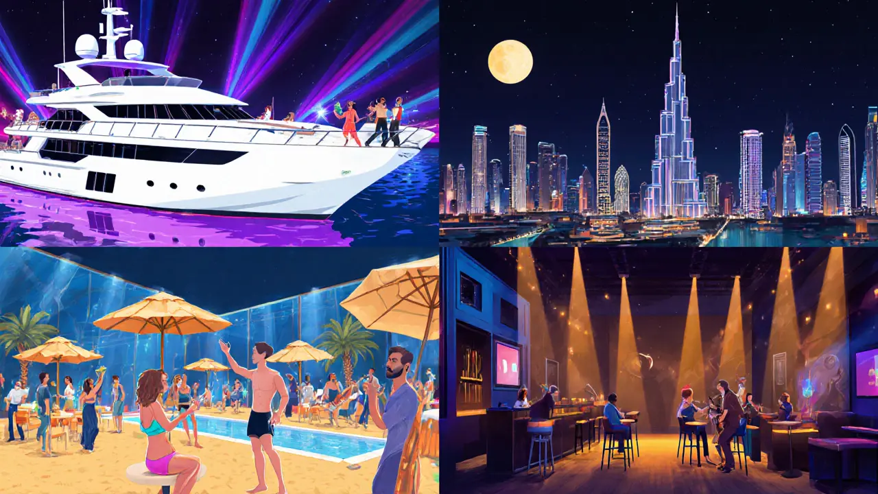 Illustration montrant quatre scènes nocturnes : yacht à Marina, rooftop à Downtown, beach club à JBR, bar à Al Barsha.