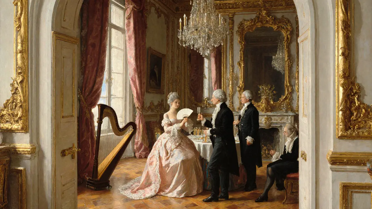 Intérieur d&#039;une maison close du XVIIIe siècle, courtesanes élégantes et aristocrates.