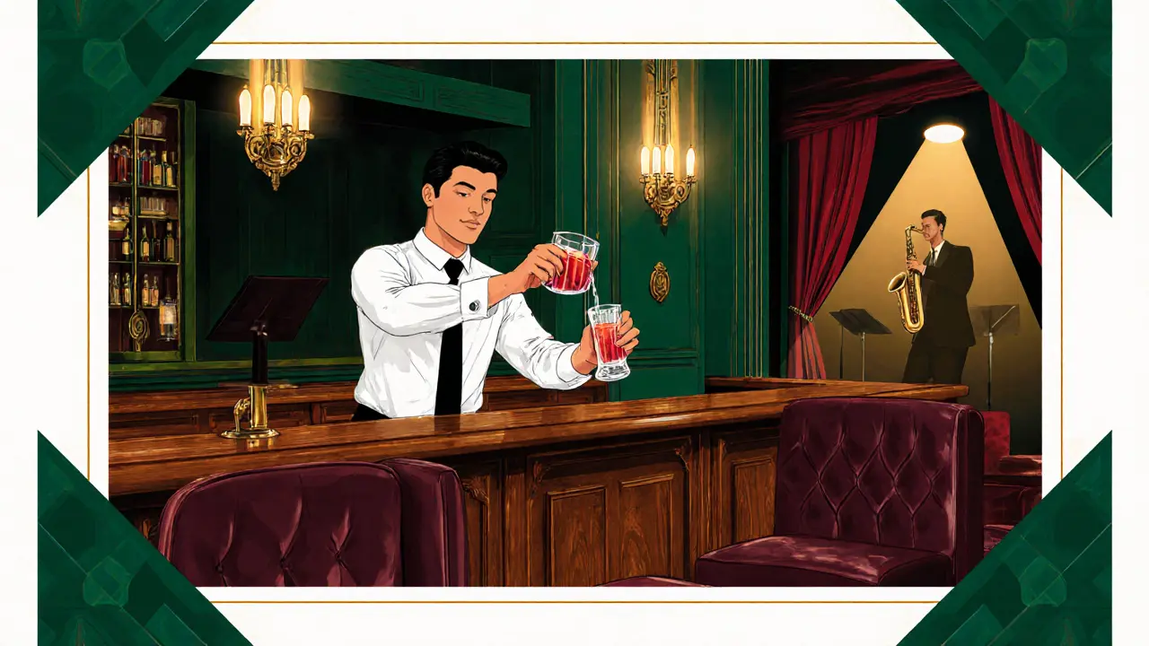 Intérieur du Bar Basso avec un barman préparant un Negroni Sbagliato et un saxophoniste jazz.