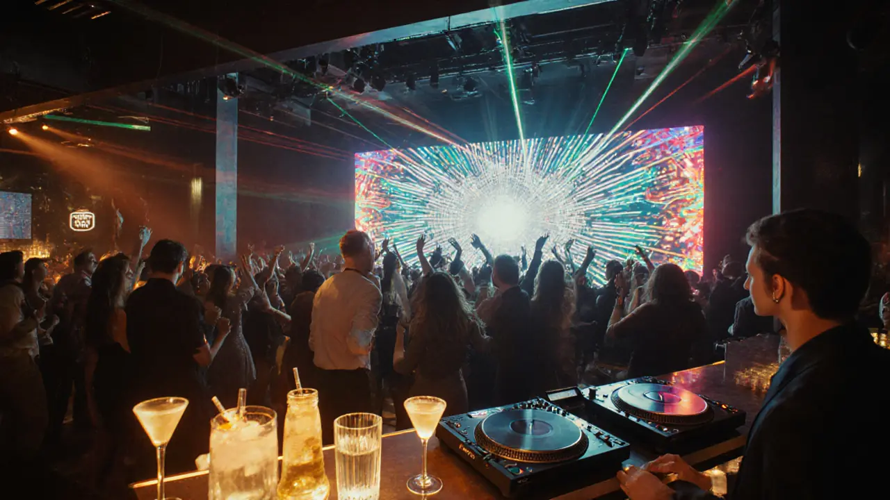 Intérieur du Cocoon Club avec foule chic, lumières LED, DJ et cocktails brillants.