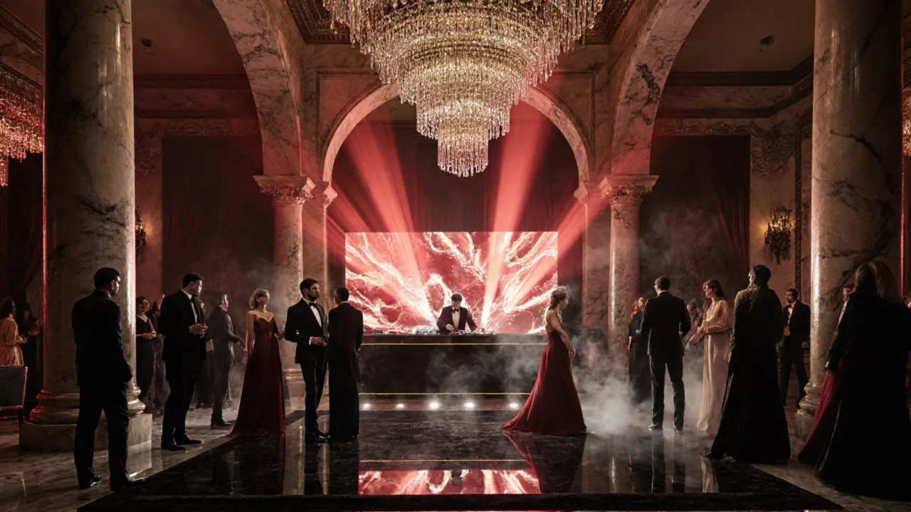 Intérieur luxueux du Cavalli Club avec chandeliers, décor italien et danseurs.