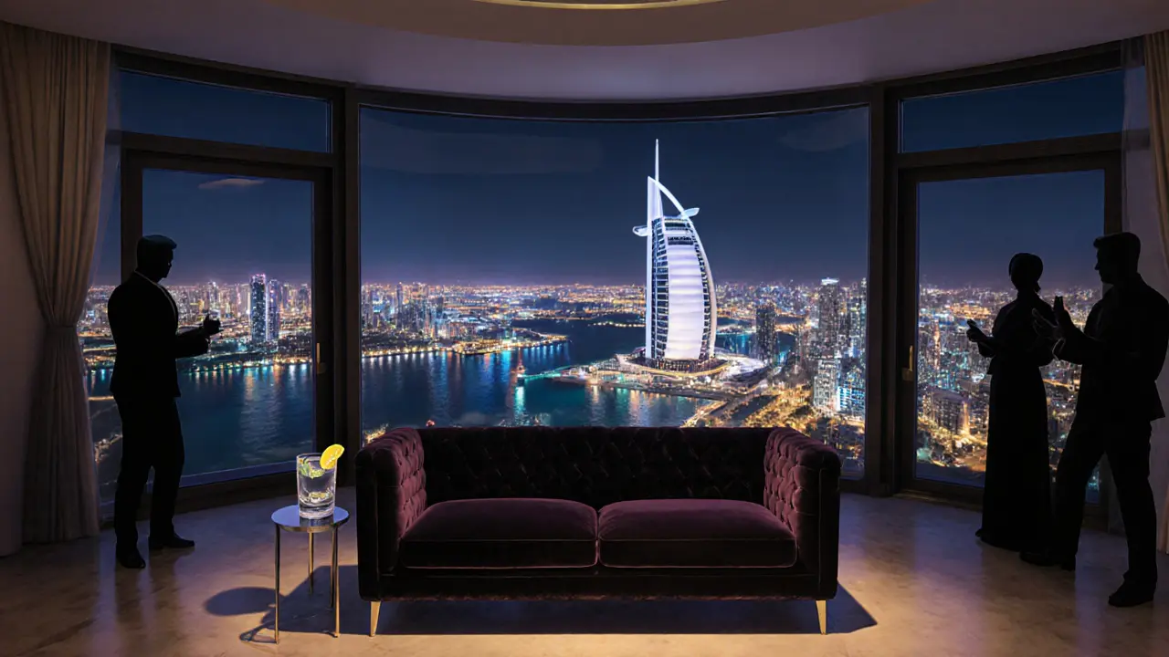 Le Penthouse au sommet du Burj Al Arab, vue panoramique sur Dubai, atmosphère de discrétion absolue.