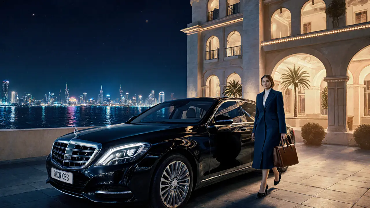 Limousine noire devant un hôtel du Corniche, avec une femme en tenue raffinée sortant discrètement.