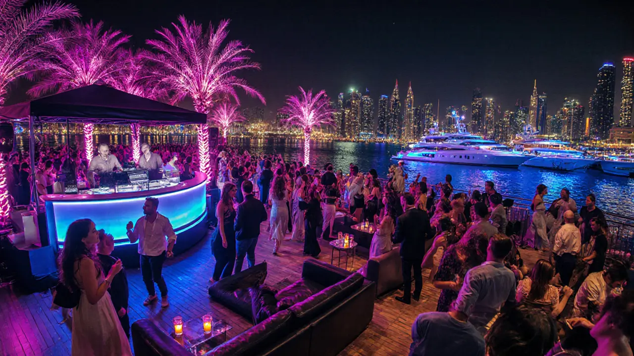 Nightclub in Dubai Marina with neon lights, dancing crowd, and yachts on the water under vibrant strobes.
