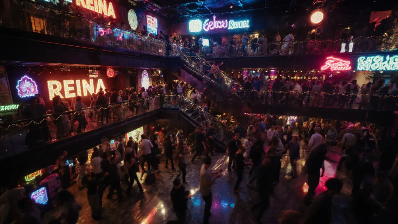 Nightclub Reina à Beyoğlu, foule dansant sous des lumières clignotantes et des mélodies orientales.