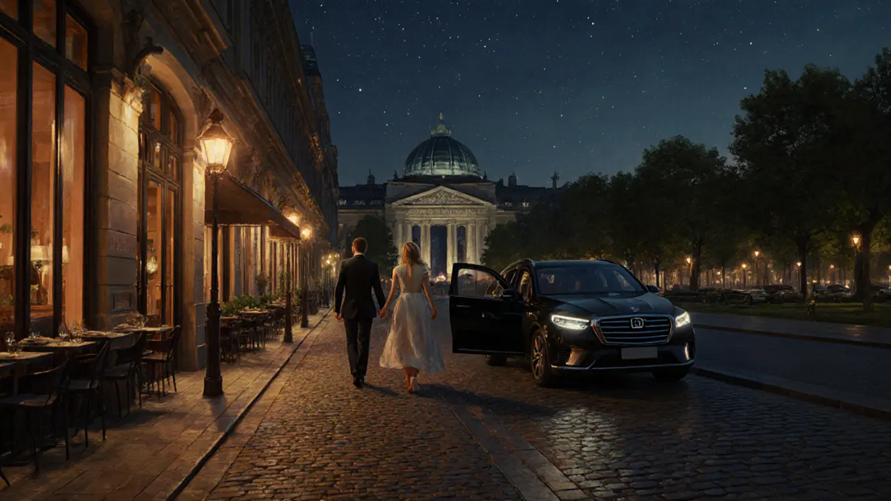 Peinture cinématographique d&#039;un couple marchant vers Berghain, éclairage de rue et Uber en attente.