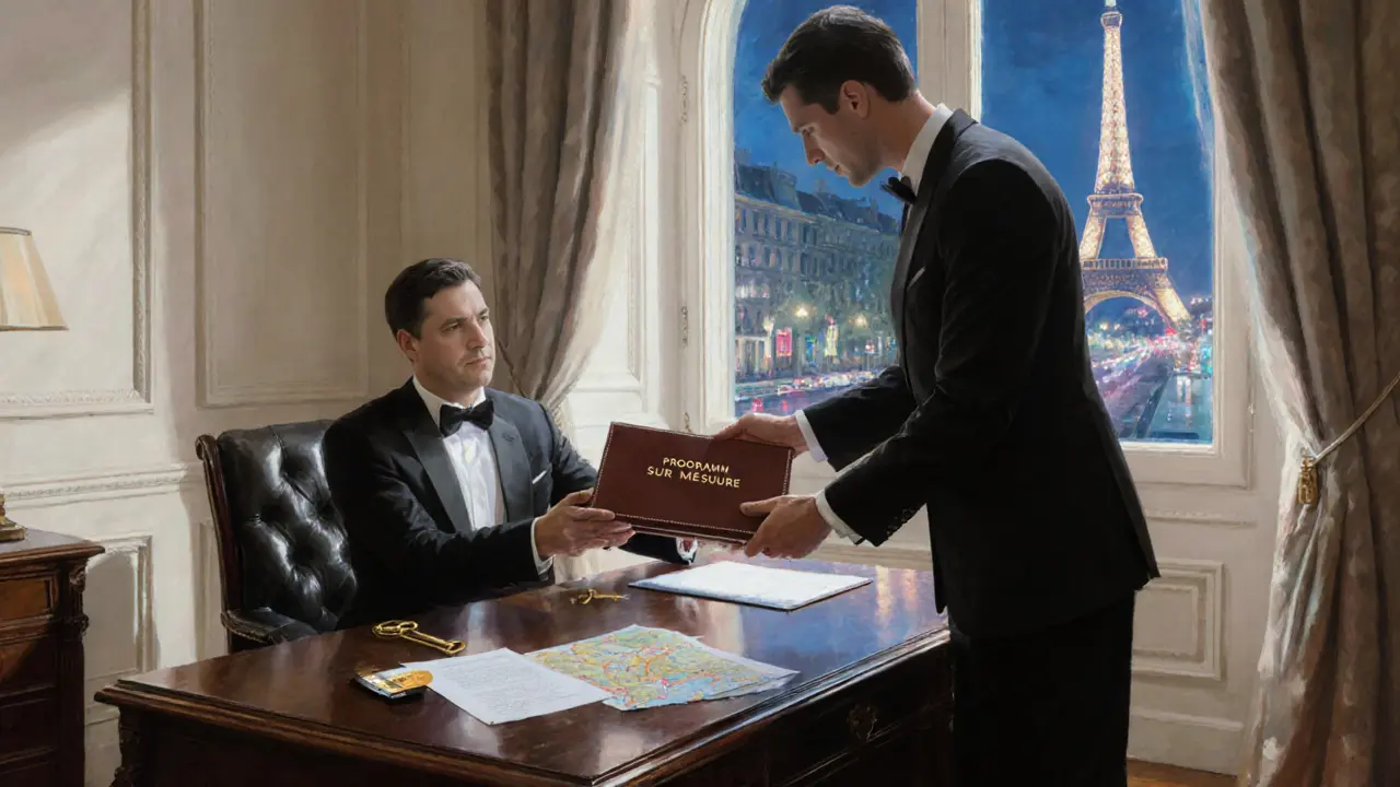 Peinture numérique d&#039;un bureau de conciergerie parisien où une escorte remet un programme sur‑mesure.
