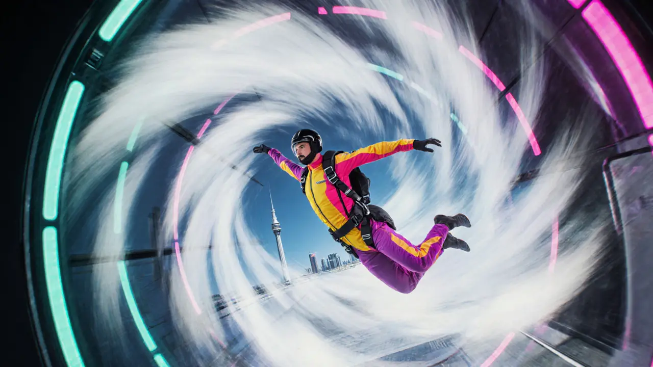 Personne en chute libre à l&#039;intérieur d&#039;un tunnel de skydiving indoor à Yas Marina.