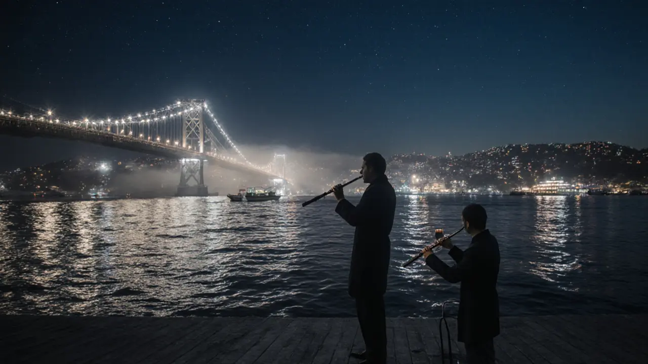 Quai d'Ortaköy à 2h du matin, personne regarde le Bosphore avec un verre de rakı sous les étoiles.