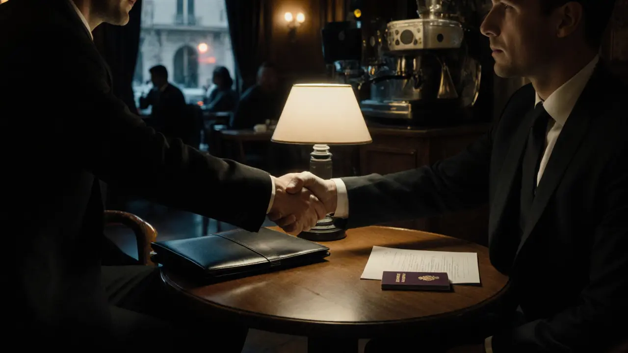 Rencontre discrète dans un café sombre, documents de sécurité sur la table.