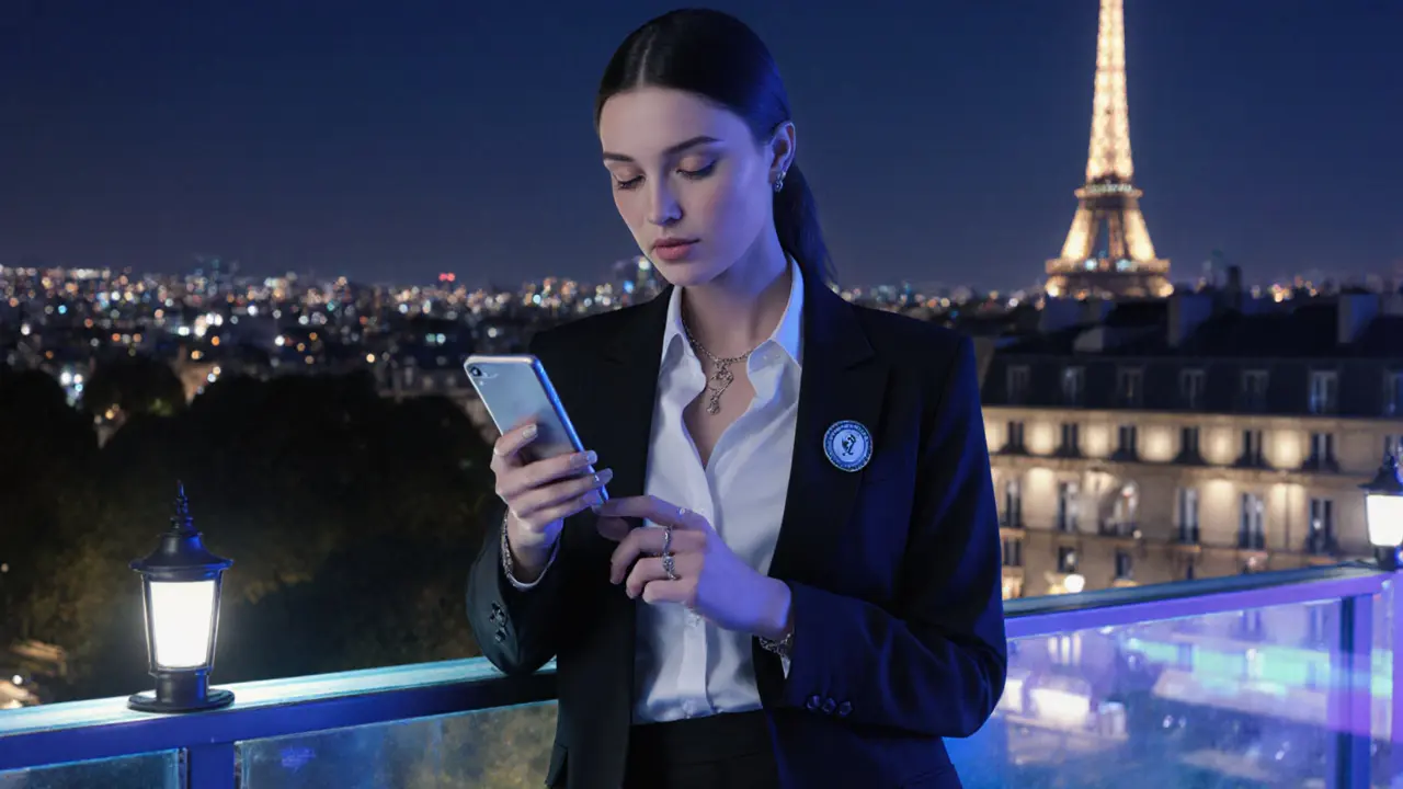 Rooftop parisien moderne, escorte chic avec smartphone au coucher de nuit.