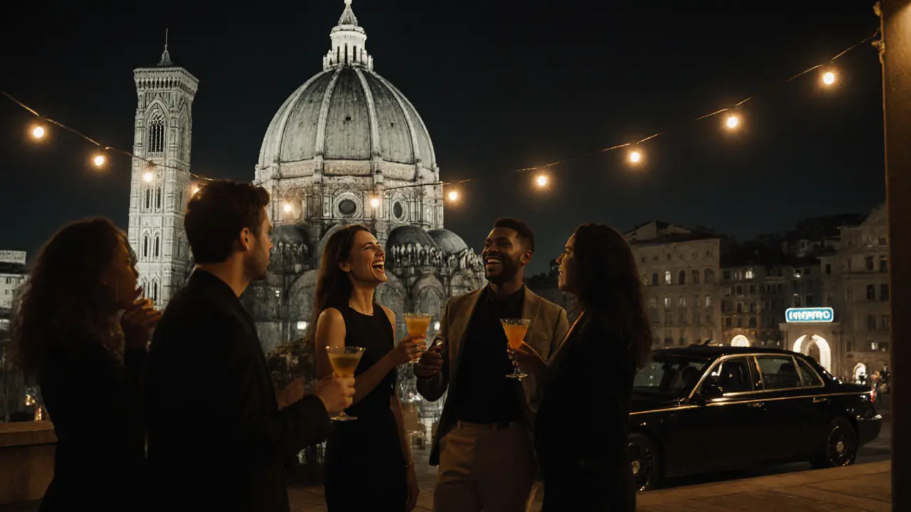 Scène cinématographique sur un rooftop avec le Duomo en arrière-plan, des amis et un taxi.