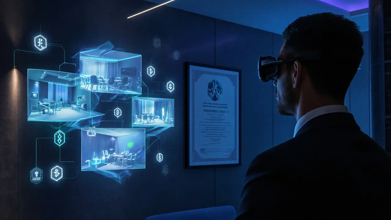 Scène futuriste avec réalité augmentée dans un lobby d'hôtel, hologrammes et symboles crypto.