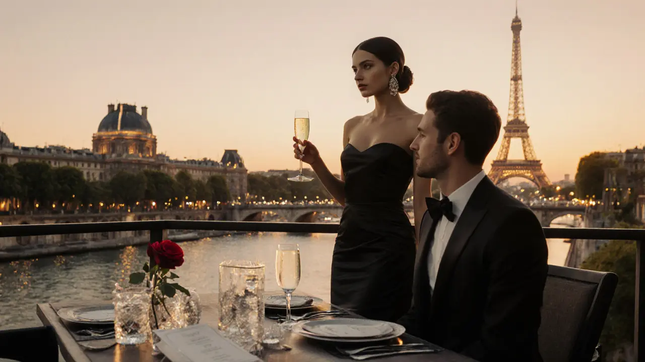 Scène photoréaliste d&#039;un dîner champagné sur une terrasse avec la Seine, le Louvre et la Tour Eiffel.