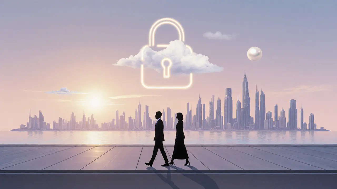 Silhouettes d'un client et d'une escorte marchant discrètement au lever du soleil sur le front d'Abu Dhabi.