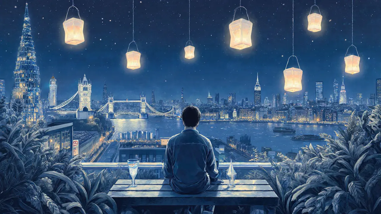 Sky Garden à minuit, une personne seule en pyjama avec vue sur le fleuve et la ville illuminée.