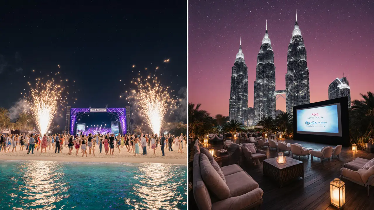 Soirée sur Yas Beach avec feux d&#039;artifice et cinéma rooftop aux Etihad Towers sous le ciel étoilé.