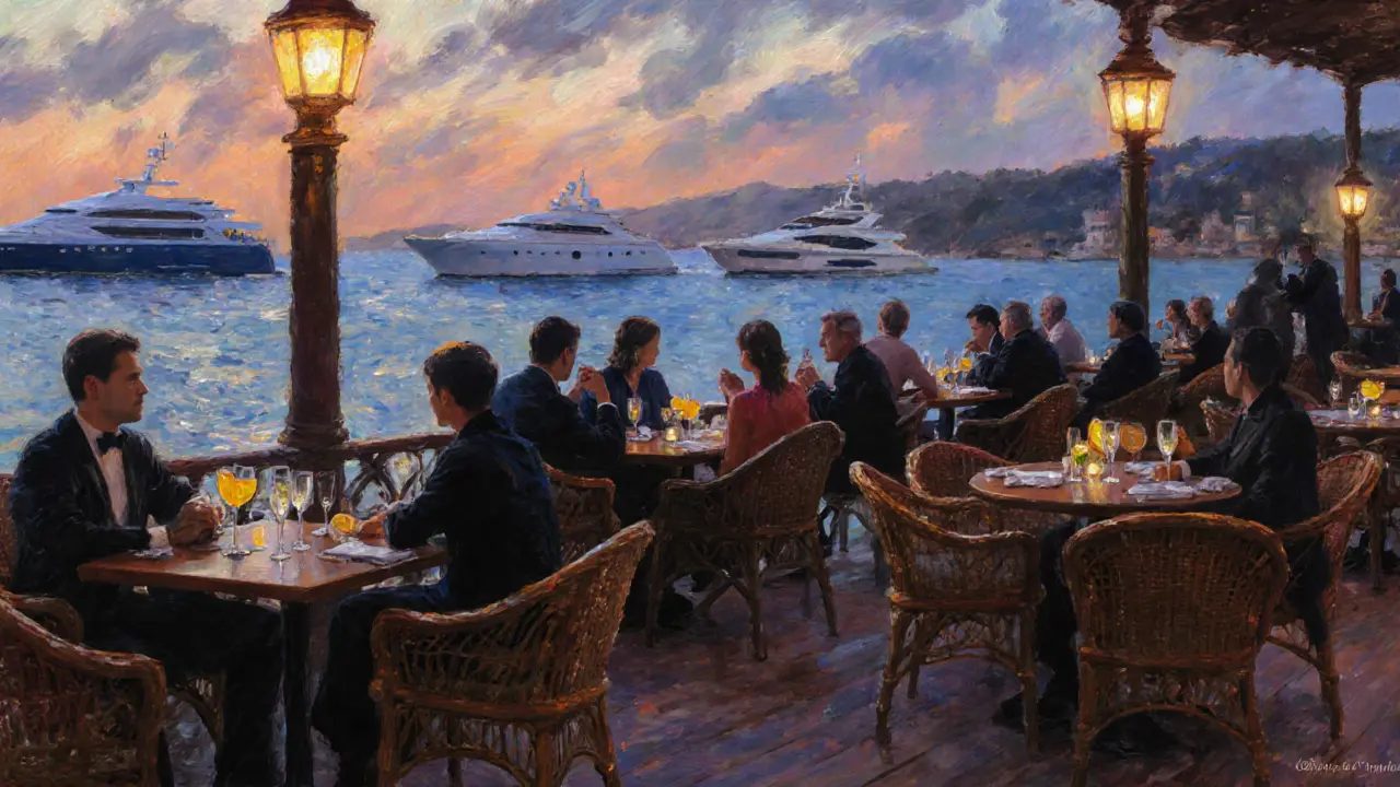 Terrasse du Blue Bay au crépuscule, avec des verres de champagne et des yachts qui glissent sur la mer.