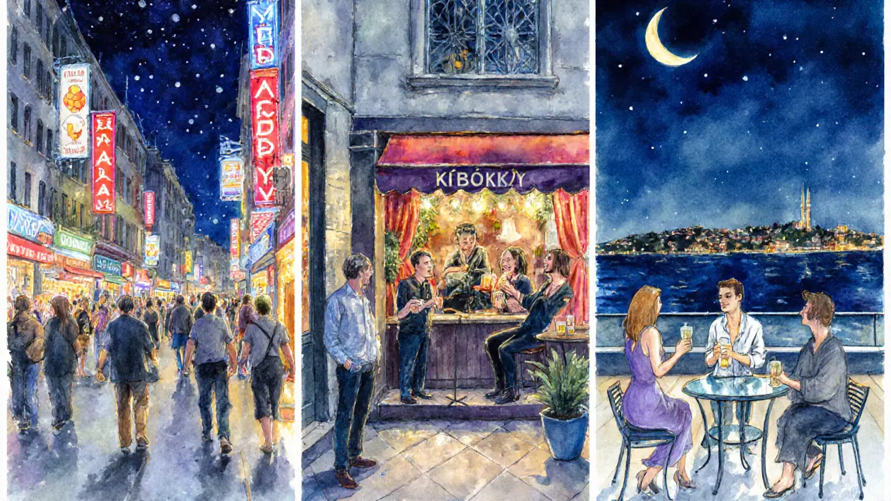 Trois panneaux montrant Beyoğlu animé, Kadıköy indie, rooftop chic de Karaköy.