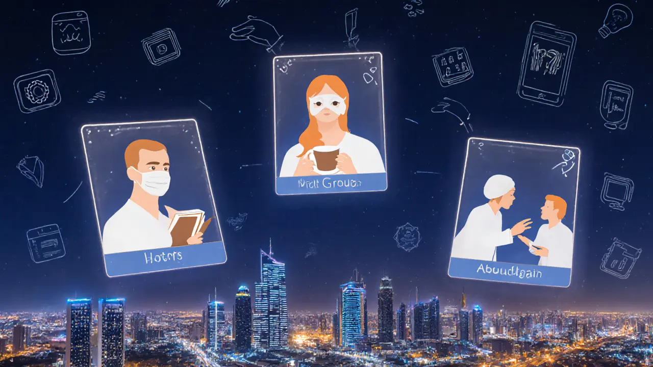 Trois silhouettes symboliques représentant une escort sérieuse, une arnaque et une alternative légale au-dessus du paysage d'Abu Dhabi.