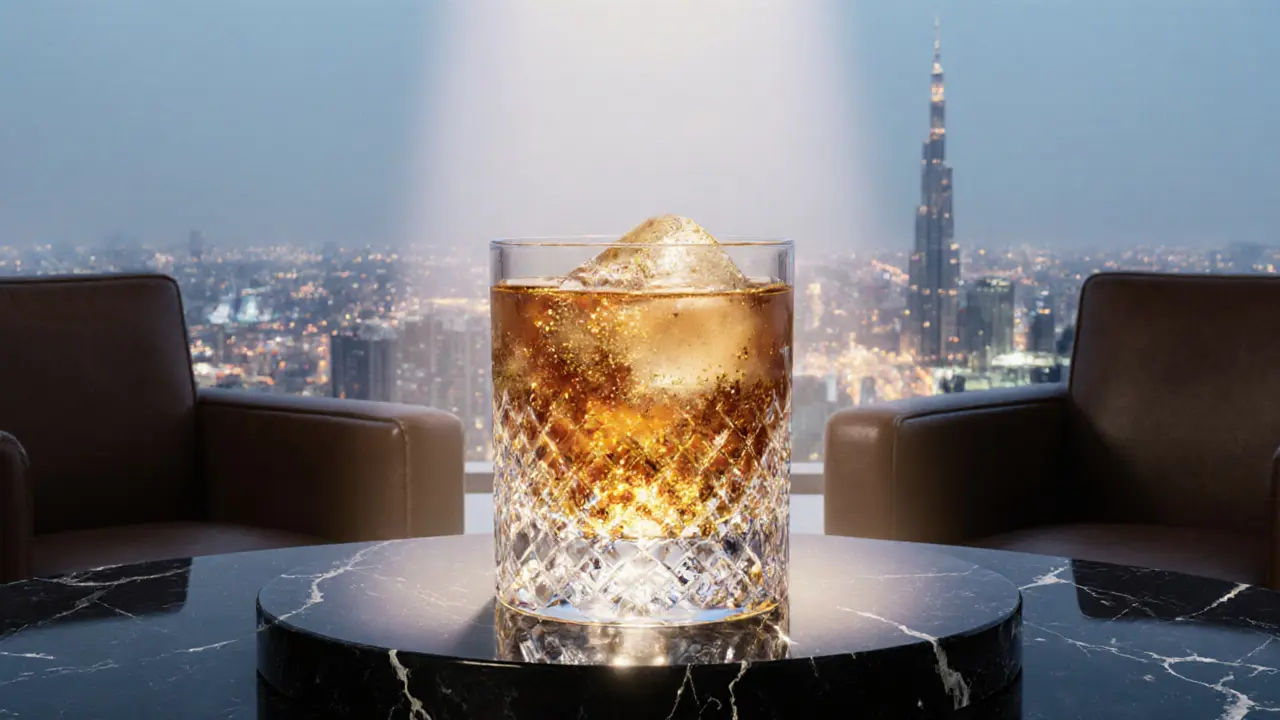 Un cocktail doré nommé &#039;Golden Mirage&#039; sur une table de marbre noir au rooftop Ciel.