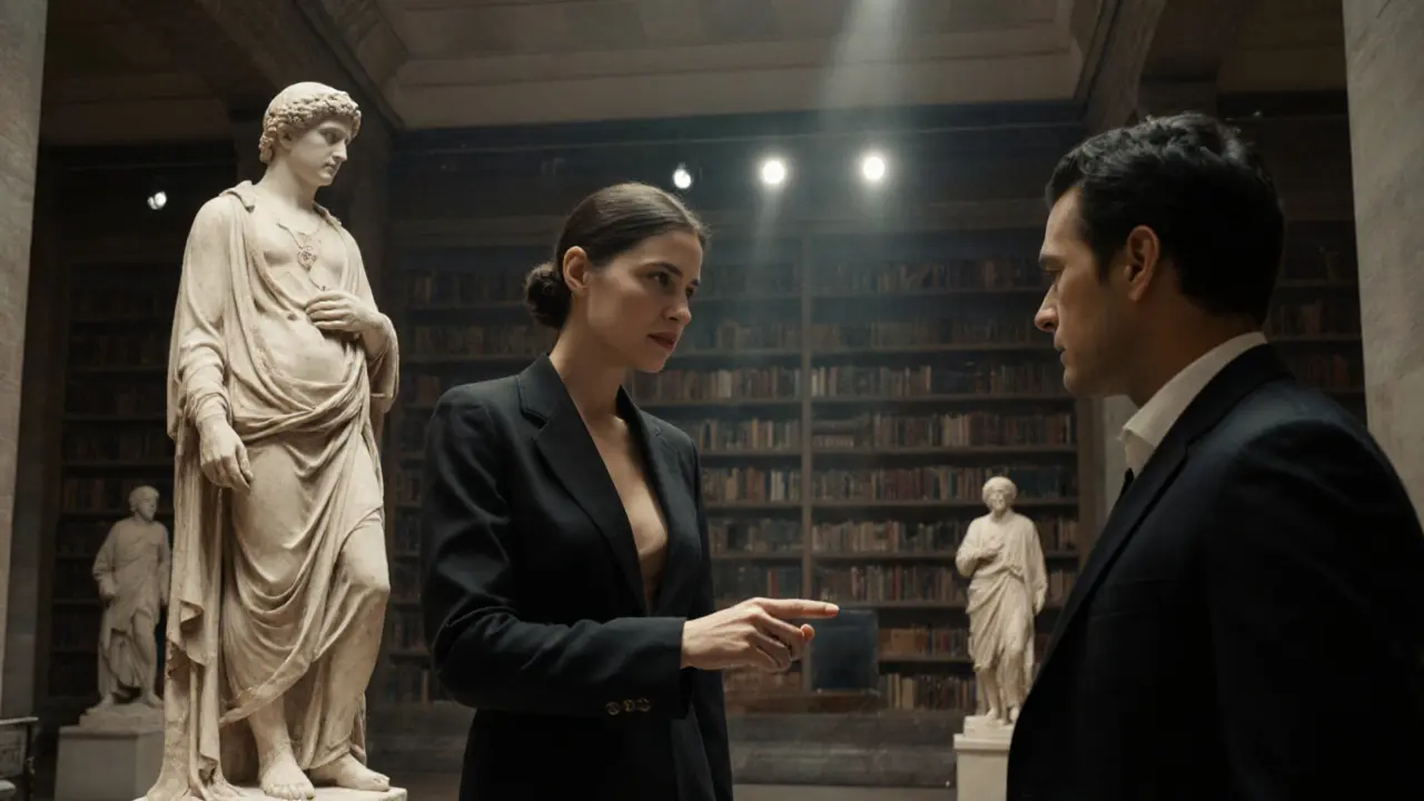 Une accompagnatrice explique une sculpture au musée Altes Museum, entourée d&#039;œuvres anciennes.