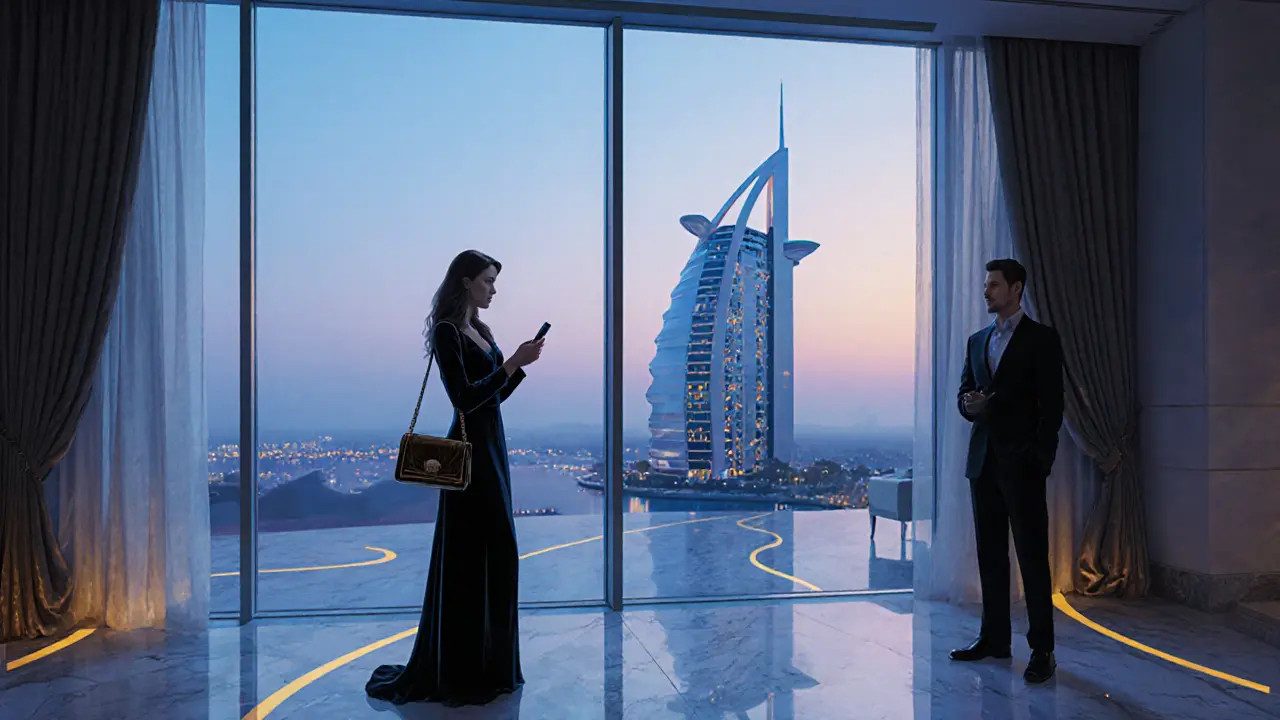 Une femme se tient dans le hall d'un hôtel de luxe à Abu Dhabi, observant son téléphone pendant qu'un homme attend à l'entrée.