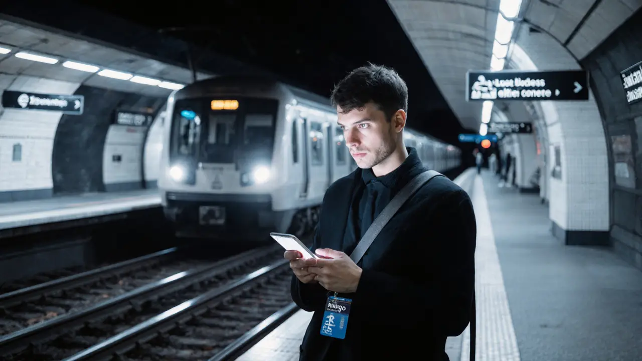 Voyageur solo dans une station de métro nocturne, consultant son téléphone et tenant un ticket Navigo, ambiance sécurisée.