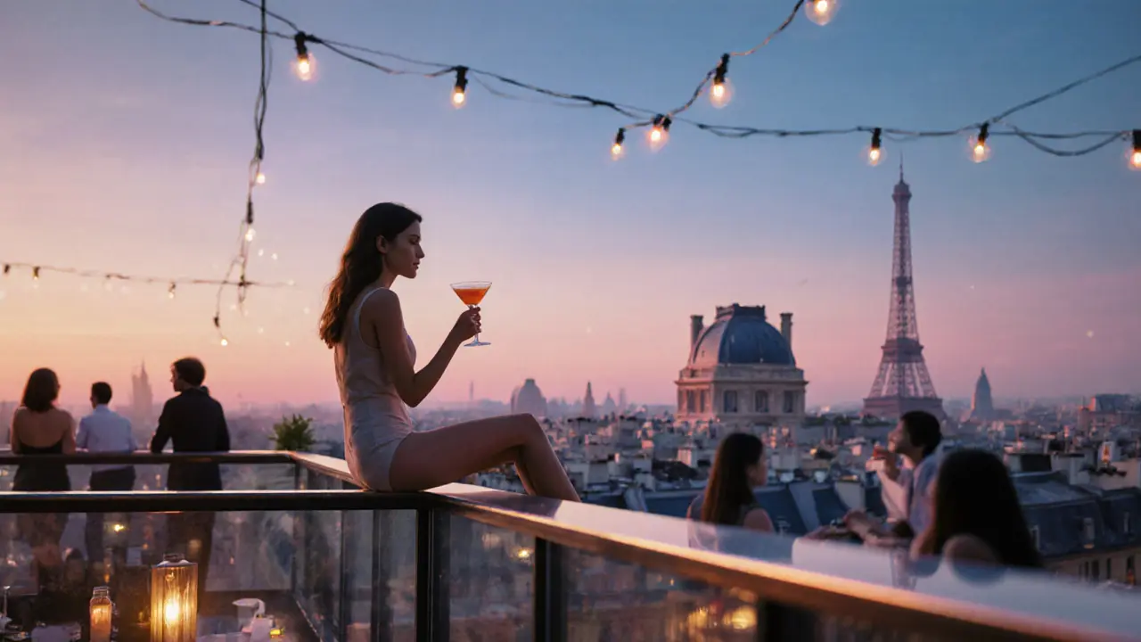 Voyageur solo sirotant un cocktail sur une terrasse rooftop avec vue panoramique sur le Louvre au coucher du soleil.