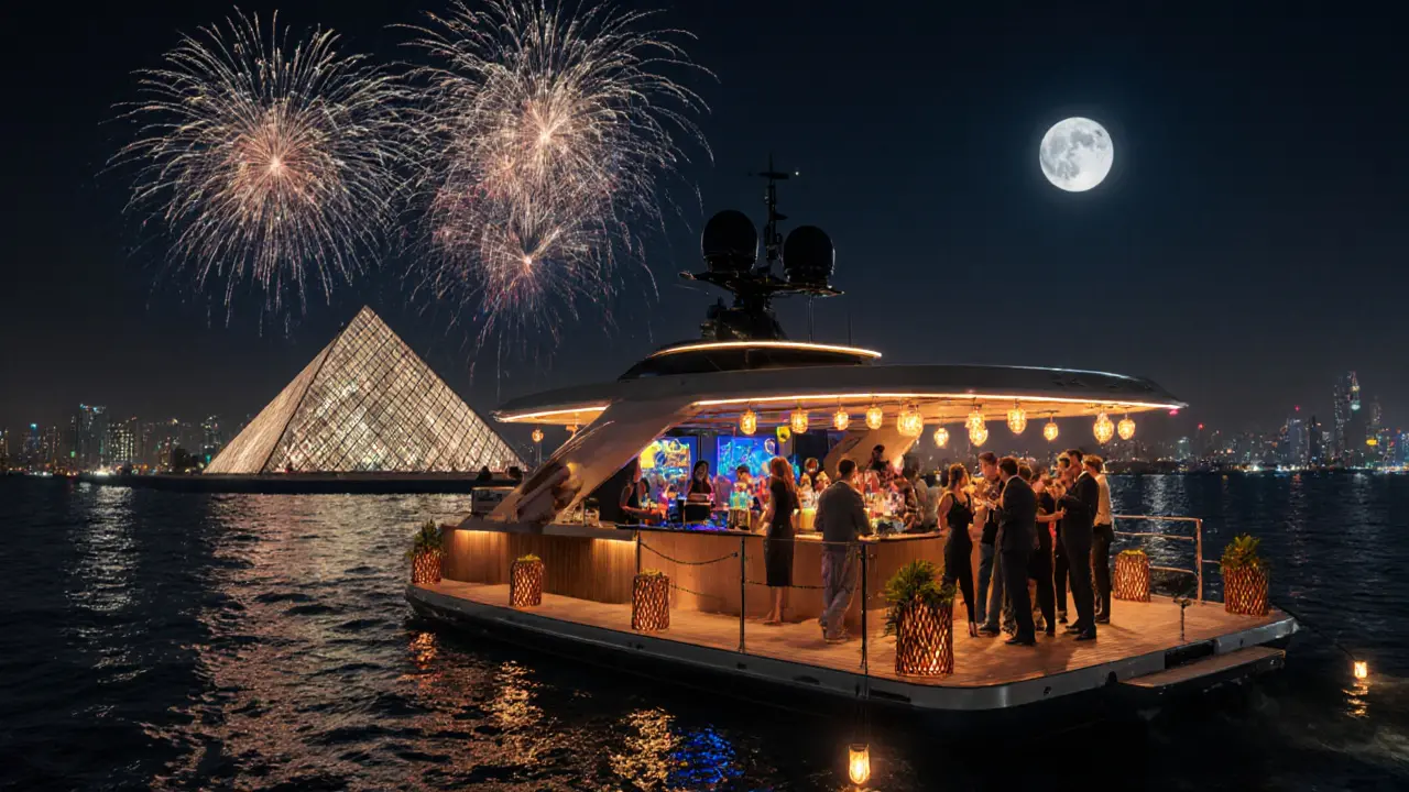 Yacht de luxe la nuit avec invités, DJ et le Louvre Abu Dhabi éclairé.