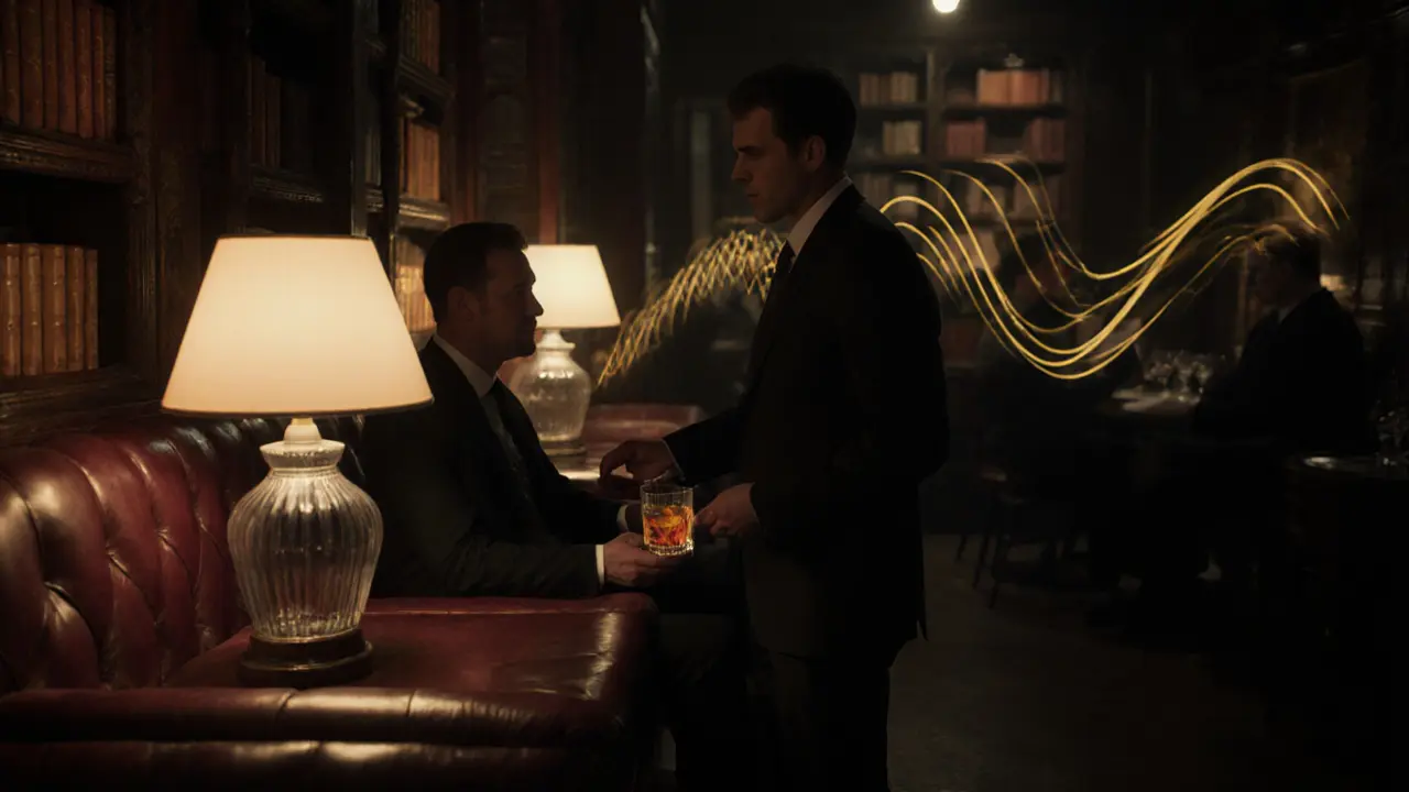 Ambiance intime du Cercle des Nuits, lampe en verre soufflé et livres anciens dans la pénombre.