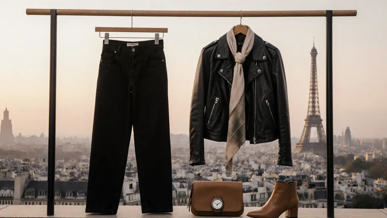 Armoire parisienne minimaliste : jean noir, veste en cuir, bottines, écharpe en soie et montre classique, sans logos ni couleurs vives.