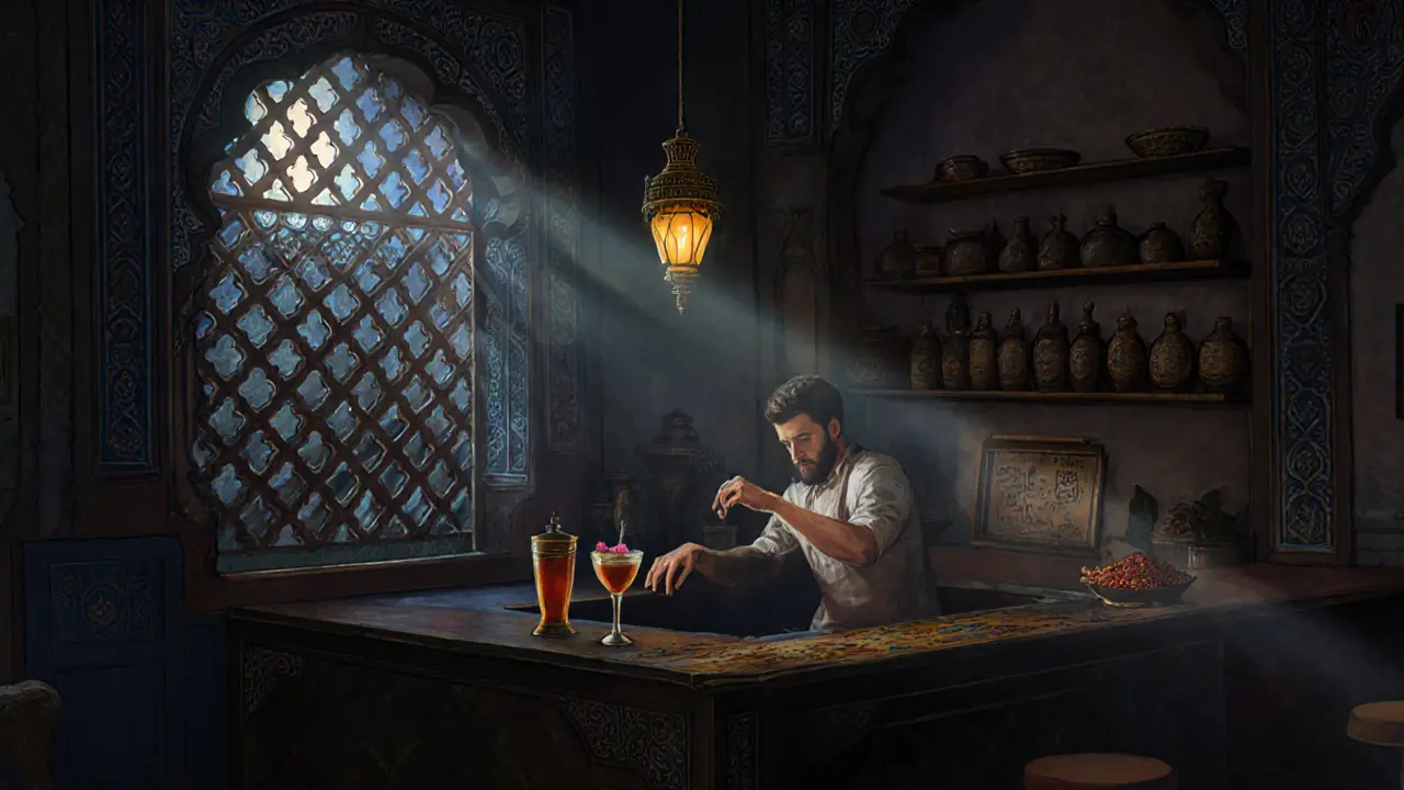 Bar caché à Dubaï avec un barman préparant un cocktail aux épices arabes.