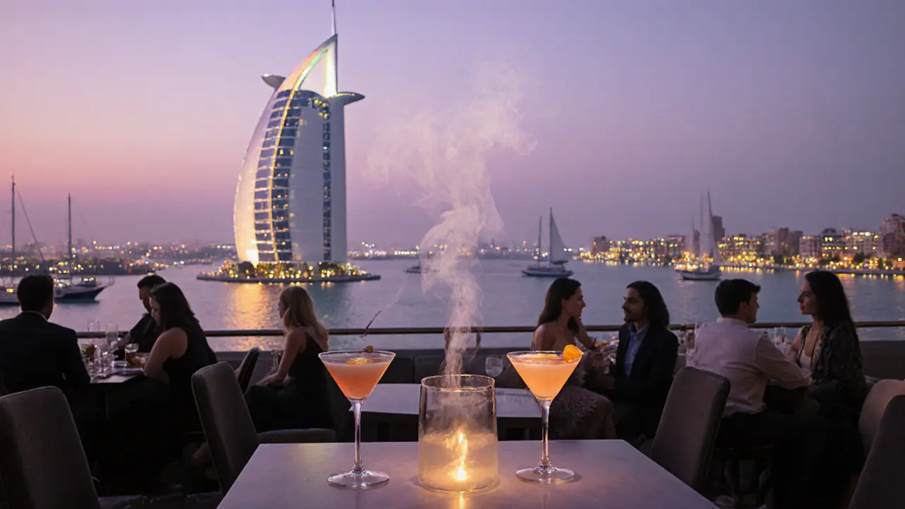 Bar élégant au coucher du soleil avec fumée d&#039;encens et voiliers silhouettés sur la mer.