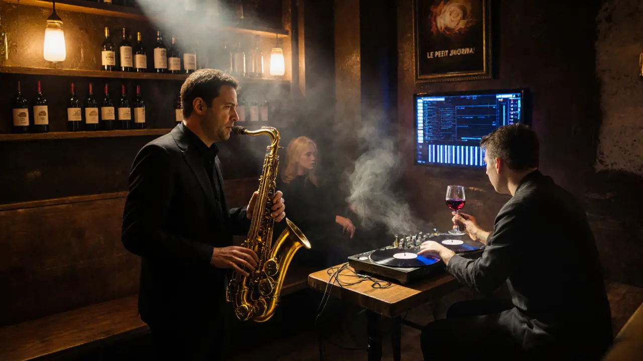 Bar intime où saxophone et synthétiseur se mêlent, clients sirotant du vin sous une lumière dorée.