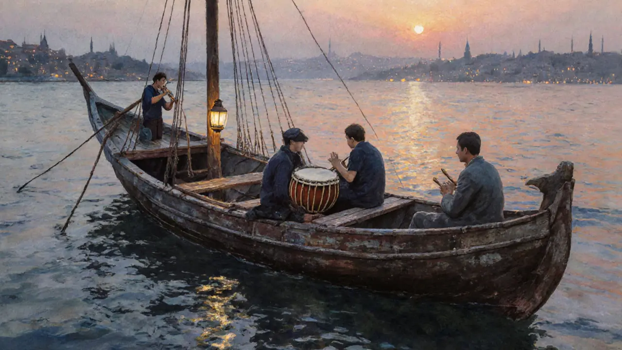 Bateau de pêche transformé en club flottant sur le Bosphore au lever du soleil, avec des musiciens jouant en direct.