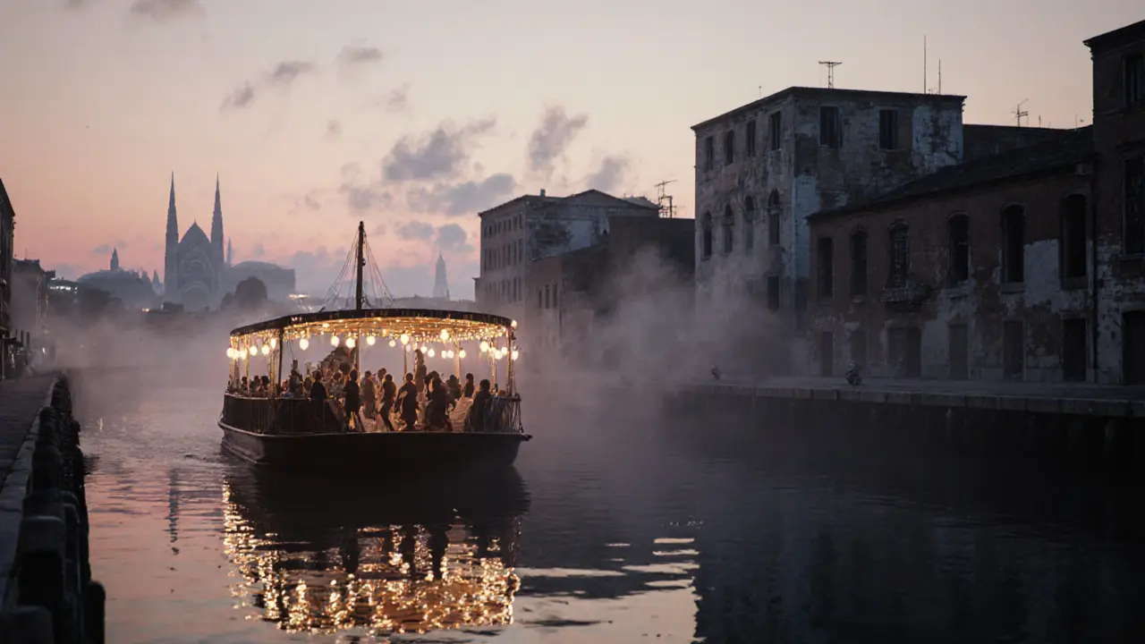 Boîte flottante sur le canal à l&#039;aube, lumières douces reflétées dans l&#039;eau, silhouette de la ville.