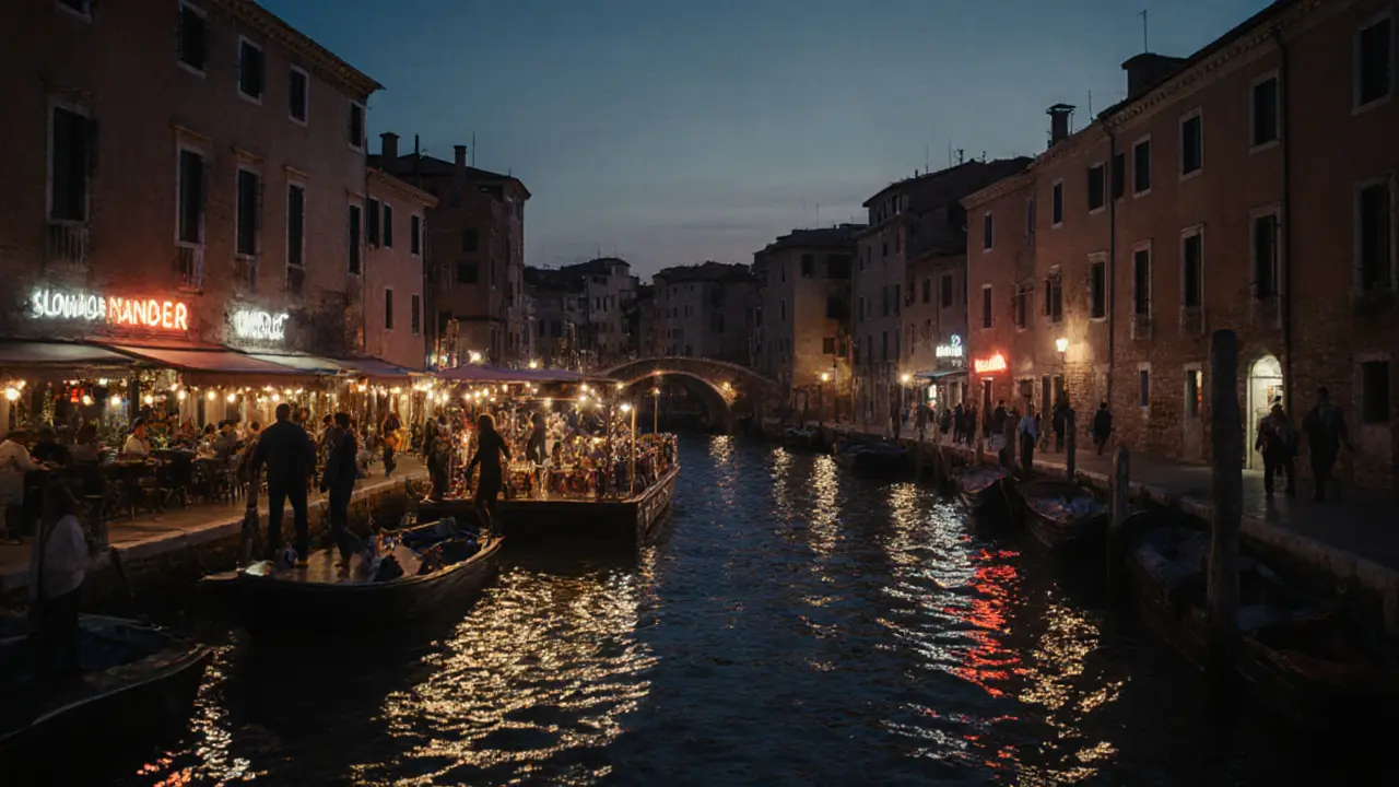 Canal des Navigli avec des bateaux-nightclub et foule en soirée.