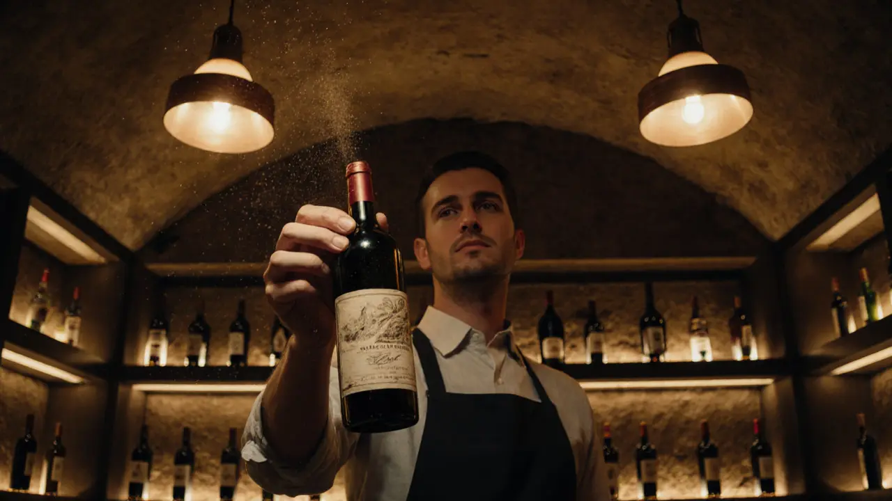 Cave souterraine avec des bouteilles rares suspendues, éclairée par des lanternes en cuivre.