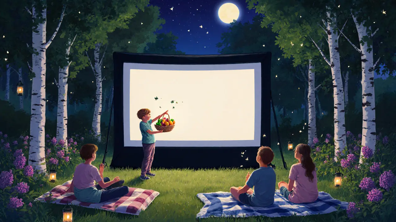Cinéma en plein air dans un parc, avec des familles regardant un documentaire nature sous les arbres.