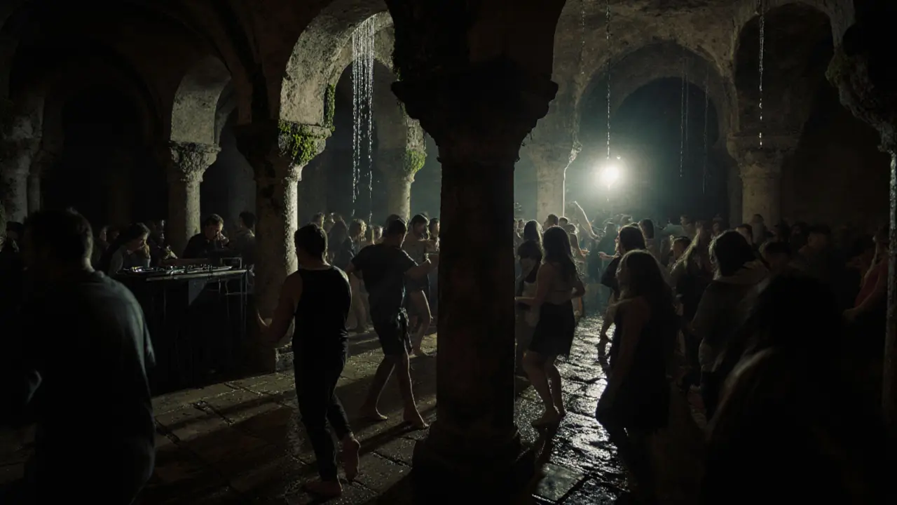 Club Cistern dans une citerne romaine, avec des pierres humides et une foule dansant à la musique électronique.