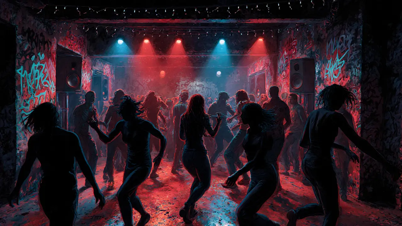 Club underground à Porta Ticinese, foule qui danse sous des fresques graffiti et lumières rouges.